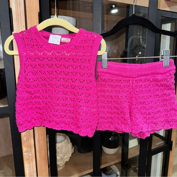 Zara Kids crochet knit set openwork pointelle scalloped toddler girl barbie pink - Picture 1 of 5